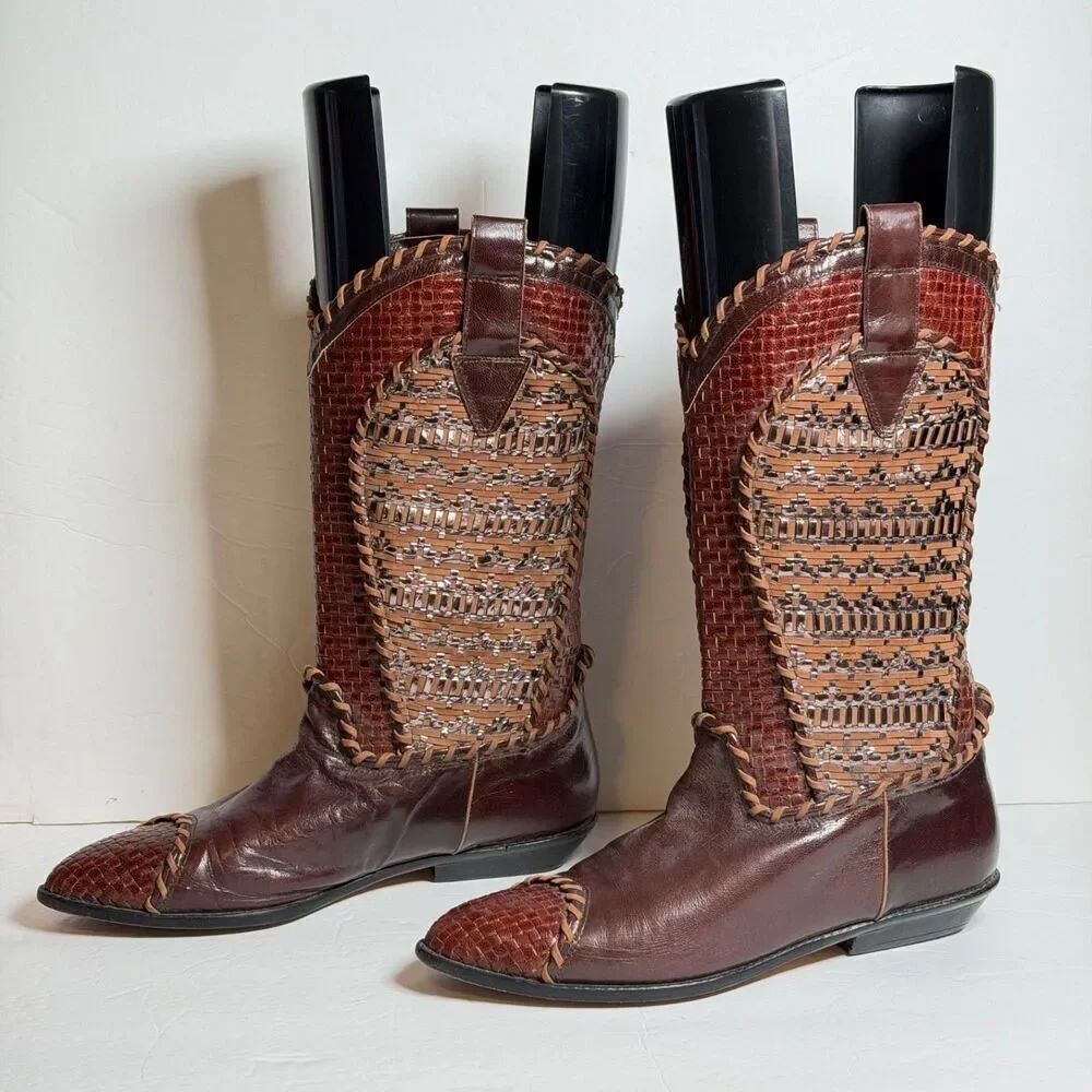 Vintage Donald J Pliner Woven Leather Western Boots Brown Spain 8 8.5
